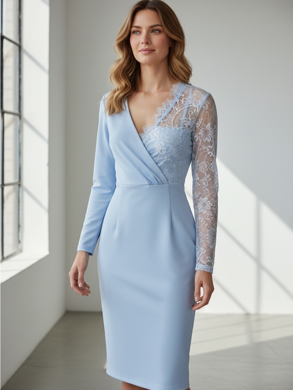 Chic Me Powder Blue Lace-Sleeve Midi Dress